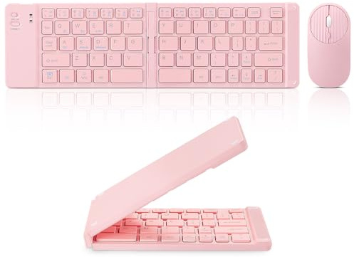 Mini clavier et souris Bluetooth rechargeable et pliable, portable (synchronisation jusqu'à 3 appareils), clavier de voyage pliable ultra fin pour iPhone, iPad, Mac, Android, Windows, iOS (rose)