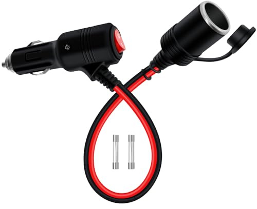 YINGAYOU Zigarettenanzünder Verlängerung mit Schalter 14AWG 20A Zigarettenanzünder mit Schalter und Signallampe 12V 24V Ersatzsicherungen 15A 20A, für Pkw, Lkw und Wohnmobil (0.3 m)