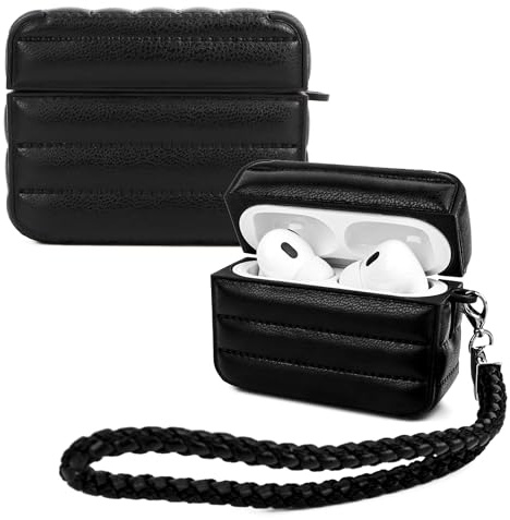 Linpr Compatible con Airpods Pro 2 Custodia Cover, Custodia antiurto in pelle a righe, Custodia protettiva per AirPods Pro 2nd/1st (2023/2022/2019), Case per cuffie con cordino staccabile (Nero)