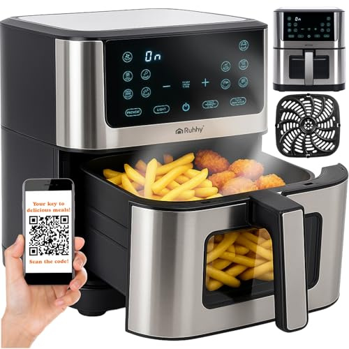 Friggitrice ad aria calda 8L XXL con rivestimento antiaderente – Frittura senza olio – Air Fryer per la famiglia, cucina sana con touchscreen e 10 programmi – RUHHY