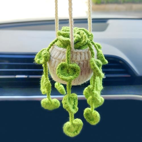 Crochet Potted Plants Rear View Mirror Accessories, Handmade (Glue Free) Safe Car Hanging Ornament, Cute Car Accessories for Women Interior Decoration