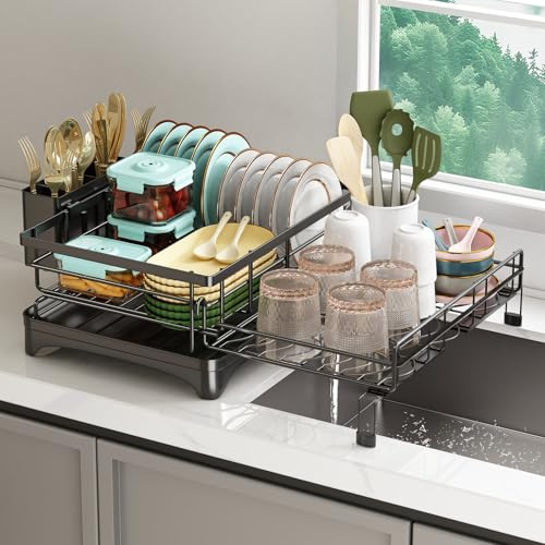 NETEL Escurridor extensible para platos, escurreplatos, escurridor de vajilla, rejilla escurreplatos para fregadero, soporte para vajilla para fregadero, 42,4D x 57,9W x 16H cm, Negro