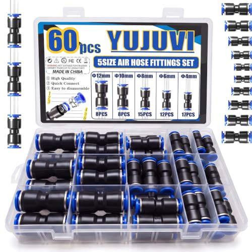 YUJUVI Pneumatik Steckverbinder Pneumatischer Fittings 6 Wert 60 Stk Pneumatisches Quick-Push-In-Verbindungs-Kit 4-12mm Air Push Schnellkupplungen Set für Verbindung von Luft Schlauch