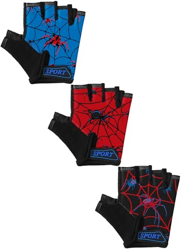 Boao 3 Pairs Kids Half Finger Bike Gloves Non-Slip Breathable Adjustable Birthday Gift for Boys Girls for Bike Workout(Spider,8-12 Years)