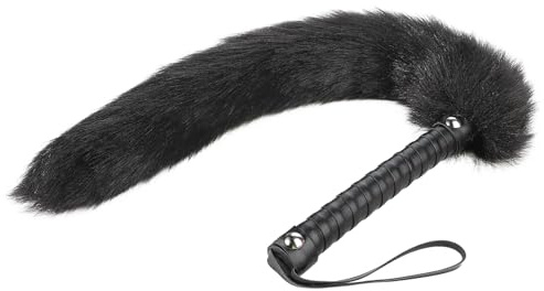 SIQITECHUK Faux Fur Fox Tail Flogger Whip with Anti-Slip Grip Handle Adult Play Toys Furry Tail Faux Leather Riding Crop for Cosplay Bedroom Couples Role Play Games (Black)