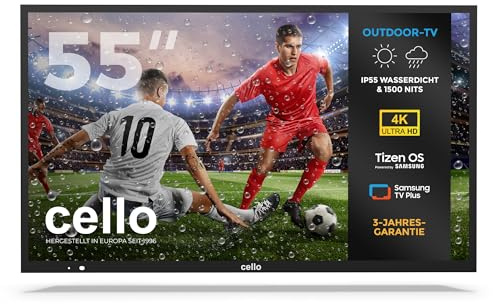 Cello COD55TZ 55-inch Tizen OS Outdoor Smart LED, 4K TV, Partial Sun, Pitch Perfect Speakers, Waterproof IP55, 1500 nits, Netflix, Prime Video, TV for Garden & Patio