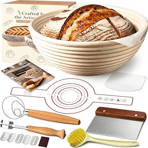 Sourdough Starter Kit with 9 Inch Round Banneton Basket, Natural Rattan Bread Proofing Set for Homemade Artisan Bread, Includes Baking Accessories for Beginners