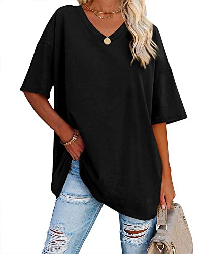 Ebifin Damen T Shirt Oversize Oberteile V-Ausschnitt,Schwarz,XXXL