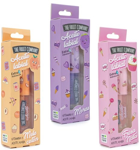 The Fruit Company Aceite Labial Hidratante Pack 3 Unidades 3,6 ml (Aguacate, Sandía, Melocotón, Moras, Fresa Nata) Brillo Natural con Vitamina E y Jojoba (Melocotón, Moras, Aguacate)