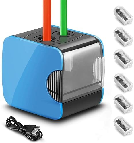 Elektrisk pennvässare, pennvässare med behållare, elektrisk för barn, batteri och USB-driven pennvässare med burk, 2 storlekar pennvässare tjocklek och tunna pennor med 4 reservknivar (blå)