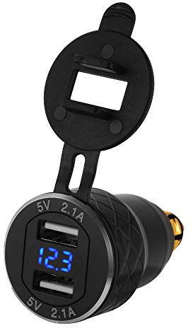 Dual USB Ladegerät 4.2A Adapter Voltmeter QC 3.0 Schnellladung LED Spannungsanzeige für Motorbike Motorrad BMW DIN Hella Steckdose Schwarz