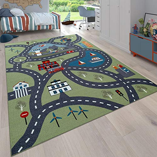 Paco Home Tappeto per bambini, Tappeto da gioco per camere dei bambini, Con motivo stradale, In verde, Dimensione:80x150 cm