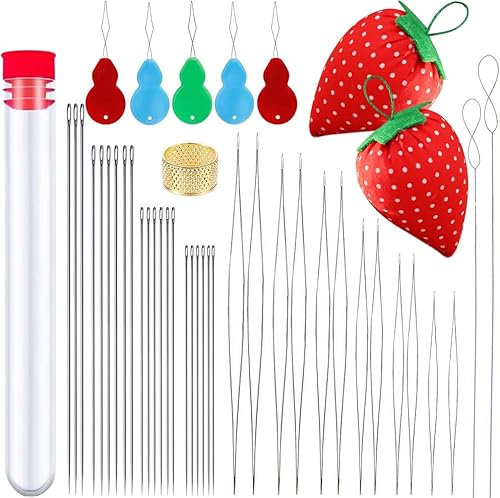 Riddur 44 Stücke Perlen Nadel Set, Bead Ndeln, Große Augen Perlen Nadeln mit 4 Größen Gerade Dünne Perlen Nadel, Perle Einfädler, Fingerschutz und Nadelkissen für Perlen Weben, Schmuck Herstellung