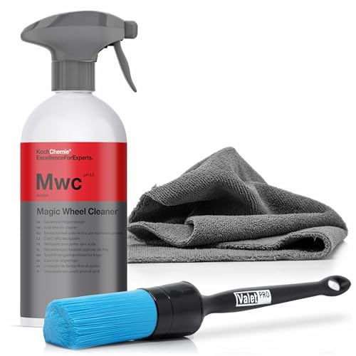 Detailmate Set di accessori per cerchioni: Koch Chemie MWC Magic Wheel Cleaner, detergente cerchioni senza acidi, pennello pulizia ValetPro, panno in microfibra lucidare (resistenti agenti chimici)