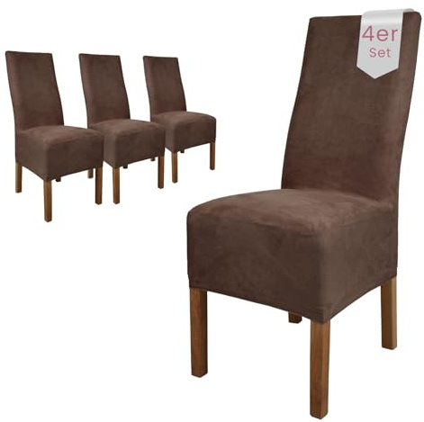 Scheffler Home Stuhlhussen Braun 4er Set Velours Stretch Leon | Elastische und waschbare Stuhlbezüge,Öko-Tex zertifiziert,für Esszimmerstühle, Hochlehner und Polsterstühle