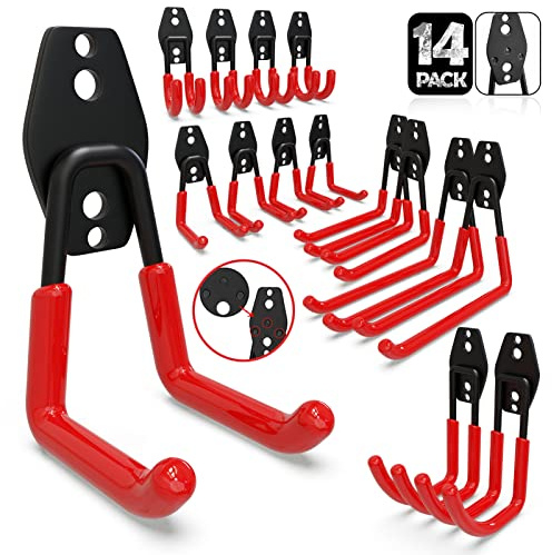 3-H Ganchos de Garaje Resistentes, Paquete de 14 Ganchos de Almacenamiento de Garaje de Acero, Soporte de Pared y Organizador de Herramientas, Cuerdas, Cables(Rojo)