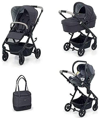 Foppapedretti Eureka Smart+Next Sistema combinato Composto da Passeggino, Navicella pieghevole (Smart) Seggiolino Auto omologazione I-size (Next) e Borsa, dalla nascita fino a 22 Kg, Graphite