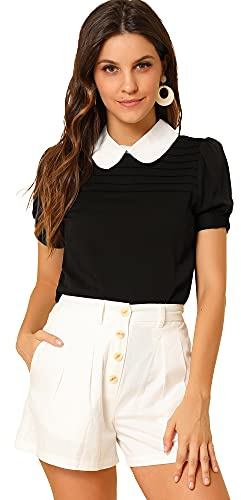 Allegra K Damen Vintage Bubikragen Kontrast Puff Kurzarm Bluse Top, Schwarz, Groß