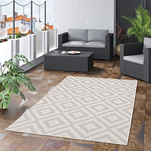 Pergamon In & Outdoor Flachgewebe Sisaloptik Natur, Terrasse und Balkon Teppich Marbella Fliesenoptik Grau in 5 Größen