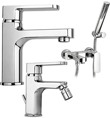Paini OVO Kit Miscelatori Lavabo + Bidet con Snodo + Vasca con Doccetta Cromato - Scarico Automatico 11/4 + Piletta e Flessibili
