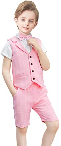 Yilaku kostym barn pojkar kostym skjorta fluga väst och shorts 4-delat klädset barn sommar bröllop outfit set, ROSA, 2-3 år