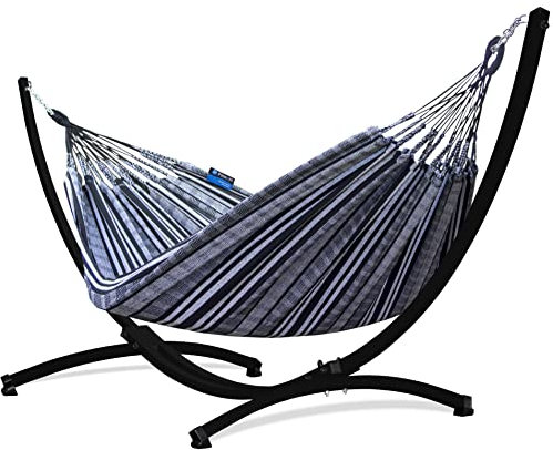 Potenza Outdoor Hängematte mit Gestell für 2 Personen I Pereira - 100% Baumwolle Doppelhängematte 230x160 cm, 200kg I Hängemattengestell 220kg, wetterfest (Zebra, Gestell Schwarz)