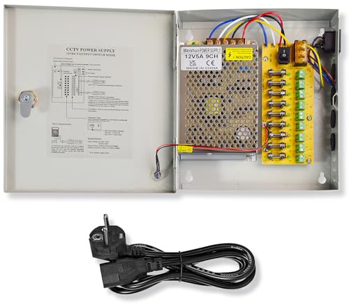Weishuo Fuente de Alimentación para CCTV 12V 5A 60W - 9 Canales, Fuente para Cámaras de Vigilancia/Exteriores, Protección contra Cortocircuitos, Montaje en Pared