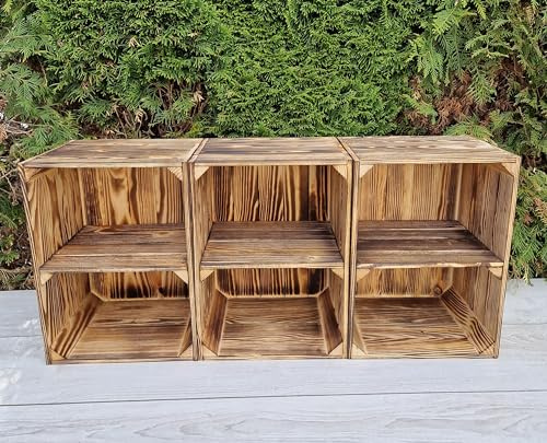 PYXIDAS Cassette in Legno Naturale o Effetto Bruciato 40x30x25 cm – Lungo o Corto – Set Decorativo e Contenitore Robusto, Pronto all’Uso per Casa, Cucina, Arredo Rustico (Effetto Bruciato Corto, 3)