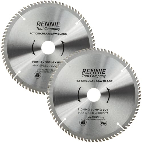 Rennie Tool 2 Pack 210mm x 30mm Bore x 80T TCT Circular Saw Blades For Wood | For Festool Bosch Makita Dewalt Circular Saws Etc. With 25mm 20mm & 16mm Bore Reduction Rings. Fits 216mm Circular Wood Saws.