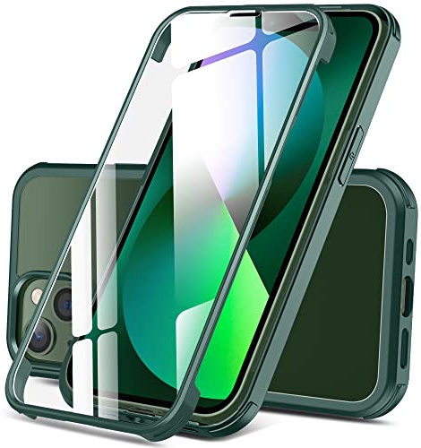 DOSNTO Doppelseitig Durchsichtig Hülle für iPhone 13 (6.1''), 360 Grad Ganzkörper Stoßfeste Fallschutz Transparent Handyhülle Eingebauter Gehärtetem Glas Displayschutzfolie, Grün
