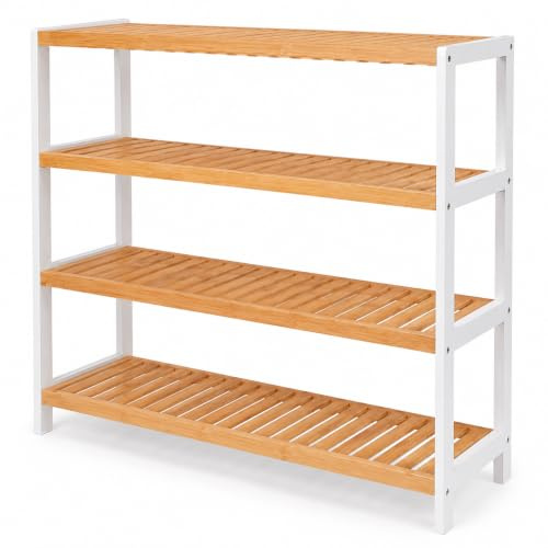 1ABOVE Schuhregal aus Bambus, Pflanzenregal, perfekt für Flur, Wohnzimmer, Badezimmer, Schlafzimmer, Flur oder kleine Räume (Natur und Weiß) (4 Etagen)