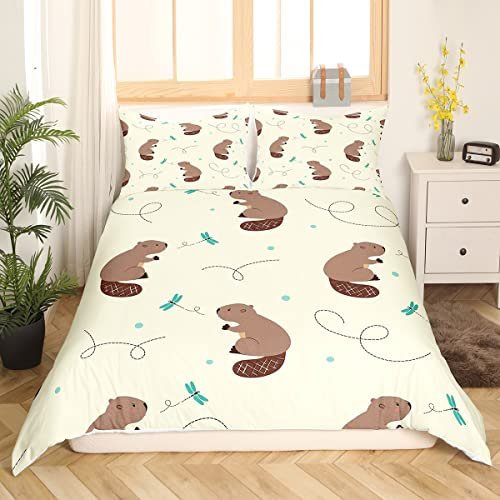Cartoon Biber Bettwäsche 220x240 für Kinder,Nette Kanadische Wildtier Bettwäsche Set,Schöne Libelle Druck Bettbezug Kawaii Zimmer Dekor für Teens Jungen Mädchen,Beige Bett Set für Die Ganze Saison