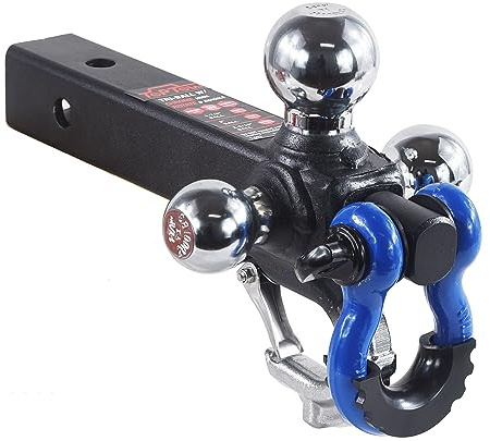 TOPTOW Enganche de remolque con soporte de enganche de bola de grillete de recuperación azul con bola de remolque triple cromada, vástago de 2 pulgadas, ajuste múltiple para receptor de enganche de