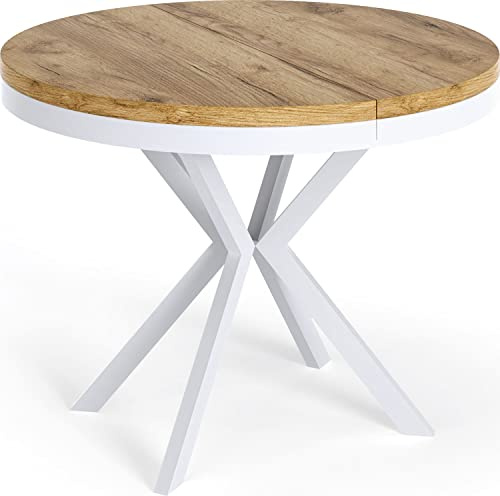 WFL GROUP Runder Ausziehbarer Esstisch - Loft Style Tisch mit Weißen Metallbeinen - 120 bis 200 cm - Industrieller Tisch für Wohnzimmer - Kompakt - 120 cm - Craft Eiche