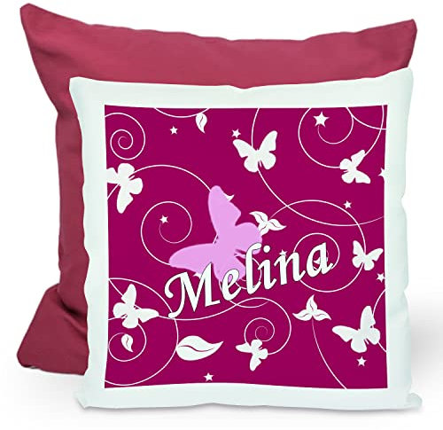 CreaDesign, Kinder Kissen 40x40 cm personalisiert mit Namen, Kinderzimmer Deko Kissen Kinder mit Füllung Federn, Motiv Schmetterling Brombeere, Rückenfarbe Lila