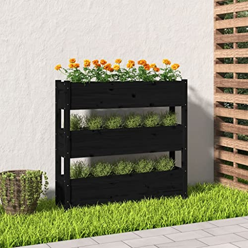 FIRBNUS Pflanzkübel Schwarz 112x25x104,5 cm Massivholz Kiefer Hochbeet Verfügt über 3 Pflanzgefäße Gartenpflanzgefäße Viel Platz Lagerung und Pflanzung von Gemüse, Blumen und Pflanzen