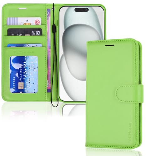 TECHGEAR iPhone 15 Leather Wallet Case, Flip Protective Case Cover with Wallet Card Holder, Stand and Wrist Strap - Green PU Leather with Magnetic Closure for iPhone 15 6.1