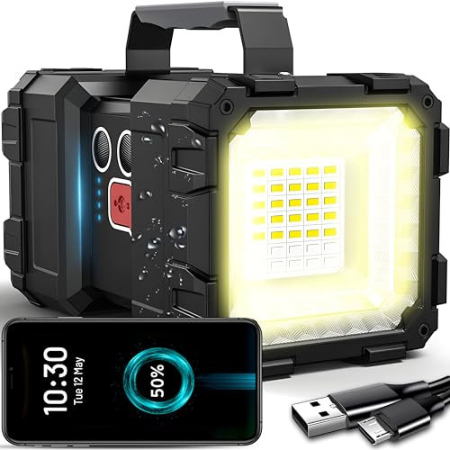 Retoo Linterna LED de mano, extremadamente brillante, recargable, USB, foco para camping, exterior, senderismo, con batería y mango
