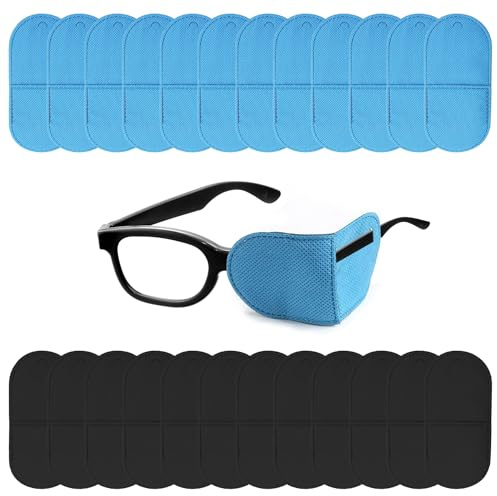 SYEYCW 24 Stück Augenklappen Set für Brillen, Wiederverwendbar Augenklappe, Medizinisch Vliesstoff Eye Patches, für Kinder und Erwachsene, für Amblyopie, Strabismus, faule Augen (Schwarz, Blau)