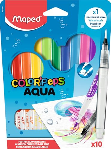 Maped - Aquarell-Filzstifte, Fasermaler COLOR'PEPS AQUA x10 + Pinsel mit Wassertank