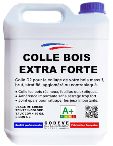 Colle Bois Extra Forte - Codeve Bois - 5L - Intérieur - Pour Le Collage De Votre Bois Massif, Brut, Stratifié, Aggloméré Ou Contreplaqué.