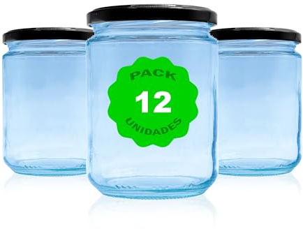 Pack 12 Botes,frascos,tarros,envases de cristal con tapa/cerradura,ideal para almacenaje de comida,conserva,frutas y verduras.Diferentes tamaños y colores.Pack de 6/12/24 unid. (Negro, 450ml)