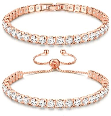 KRFY Pulseras de Oro Rosa para Mujer Pulsera de Tenis para Mujer Pulsera de Cristal Joyería de Mujer Conjunto de Pulsera Ajustable para Nujer Niñas, LLYB0058-B-RG17.5CM