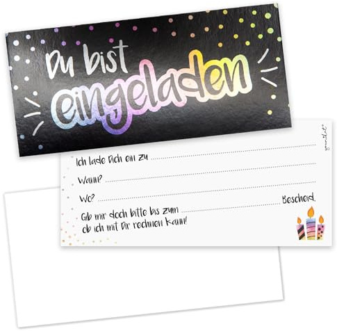 younikat 15er Set Einladungskarten Konfetti Glanz DIN Lang - dv1360 | mit Umschlägen, zum Ausfüllen, Einladungs-set, matte Oberfläche, mit Lückentext