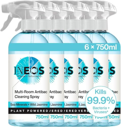 INEOS Next-Gen Cleaning Antibac Spray, 4.5L (750ml x 6), Multi-Room, Plant Powered, Limescale + Grease Remover, Kills 99.9% of Bacteria + Viruses, Sea Minerals + Wild Jasmine, Packaging May Vary