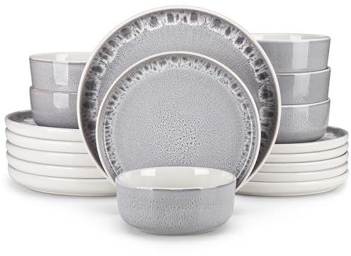 vancasso Steingut Geschirrset für 6 Personen, 18-teilig Tafelservice mit Esstellern, Desserttellern & Müslischüsseln – spülmaschinenfestes modernes Geschirr für Alltag und Festessen, Grau (Serie SNOW)