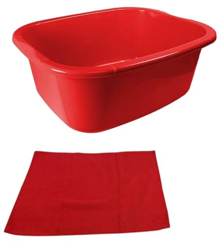 Easy Shopping® 11 Litres Washing Up Plastic Bowl Rectangular Shape and microfibre Cleaning Cloth Multi-Purpose Basin Mixing Sink Tidy Organizers (Red)