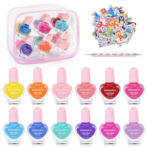 wakaniya Nail Polish Set for Kids, 12 Color Peel off Toddler Nail Polish, Non Toxic Quick Dry Girls Nail Varnish Kit Kids with DIY Stickers and PVC Bag