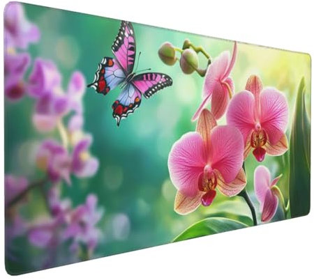 Gaming Mauspad XXL Schmetterling Mousepad 1000x500x4mm Orchidee Verlängertes Mauspad Schreibtischauflage,Genähte Kanten Mauspad,Verbessert Präzision Geschwindigkeit Wasserdicht Geeignet Büro Decor