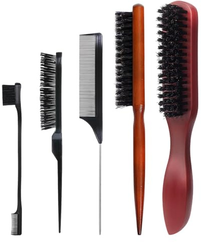 5 Pcs Slick Back Brush Set - Smoothing & Teasing Brush for Men's Hair & Beard - Rat Tail Comb with Double Sided Edge